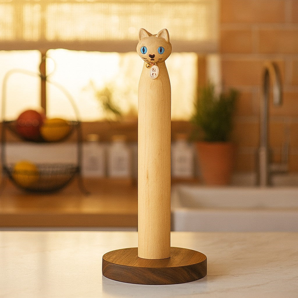 Cat-Shaped Solid Wood Paper Towel Holder