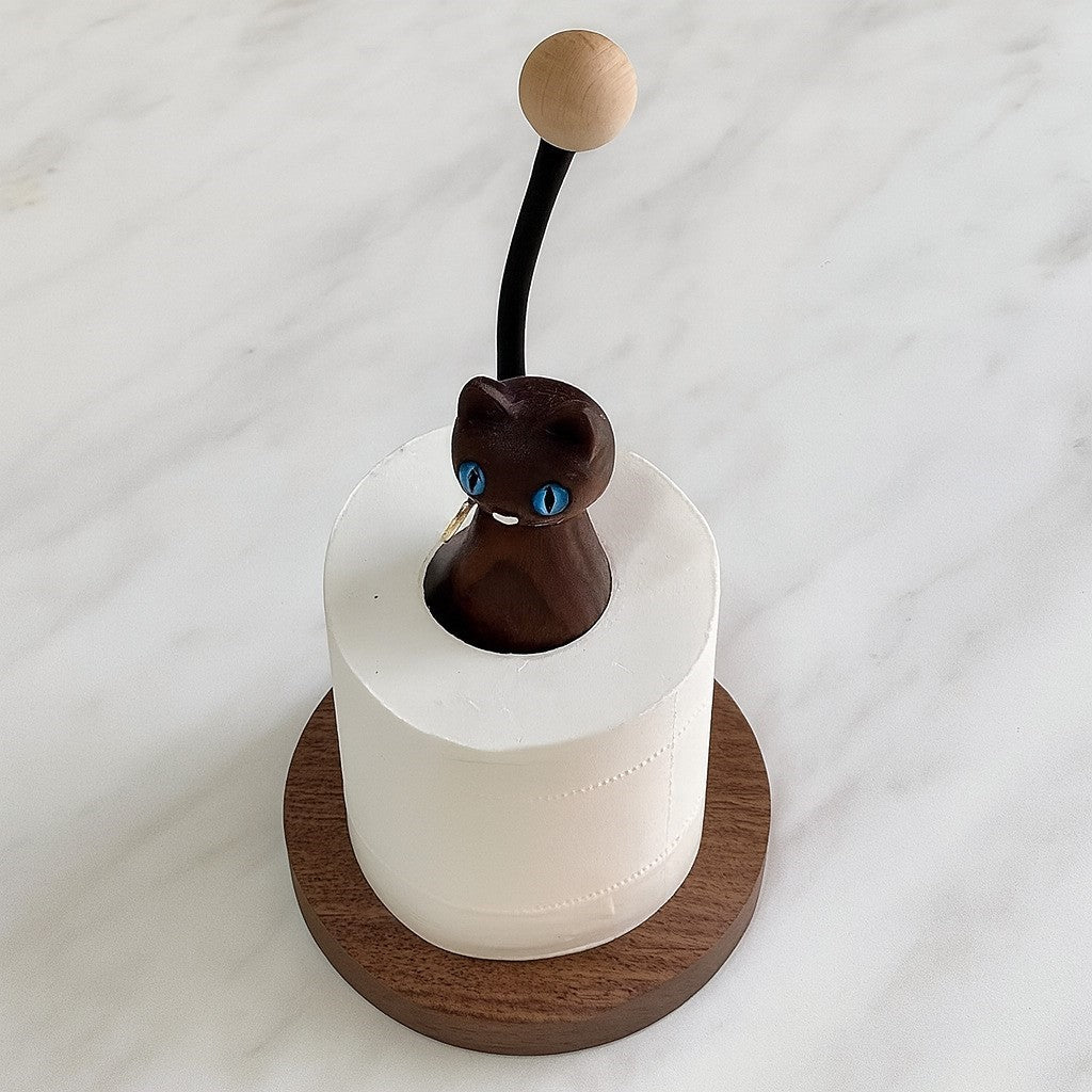 Cat-Shaped Solid Wood Paper Towel Holder